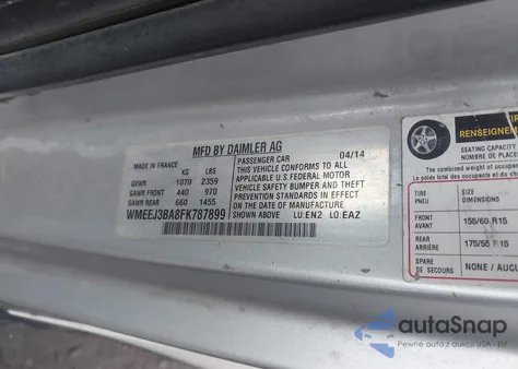 2015 Smart Fortwo Pure из США, поврежденный, VIN WMEEJ3BA8FK787899